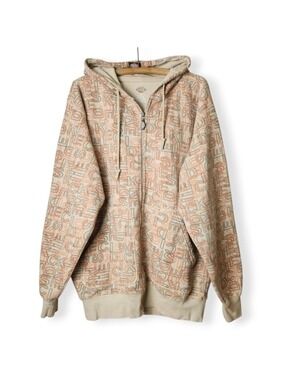 Vintage 2010 Dickies All-Over Logo Zip-Up Hoodie Beige Large
